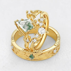 Genevieve’s Solace | Kite Cut Moss Agate Foliage Couple Ring Set 3pcs