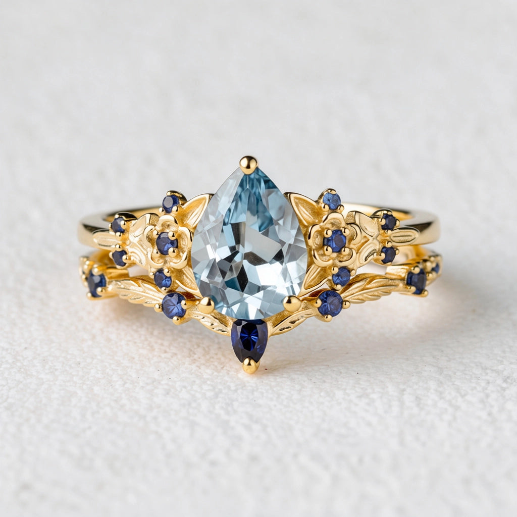 Isolde’s Tide | Vintage Pear Aquamarine & Sapphire Floral Bridal Set 2pcs.