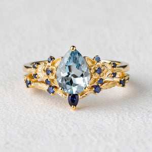 Isolde’s Tide | Vintage Pear Aquamarine & Sapphire Floral Bridal Set 2pcs.