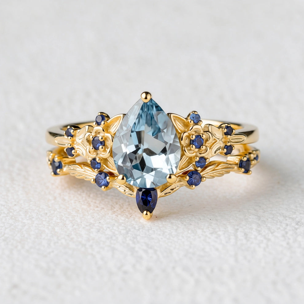 Isolde’s Tide | Vintage Pear Aquamarine & Sapphire Floral Bridal Set 2pcs.