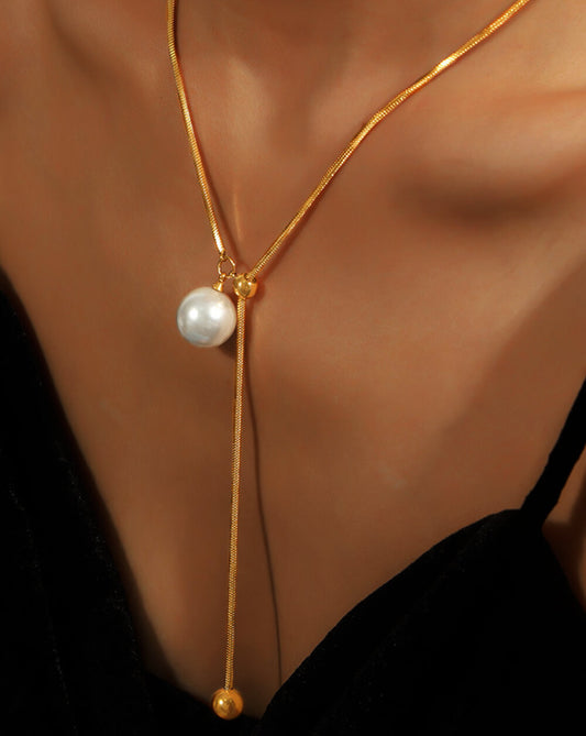 Adjustable Gold Pearl Pendant Necklace with Slider Knot Charm