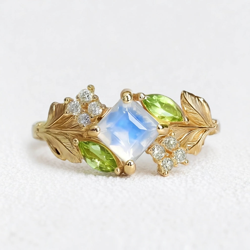 The Courtyard Garden Ring – Square Moonstone & Diamond Accents.