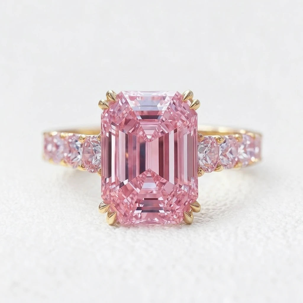 Aurora’s Aureole | 3CT Emerald Cut Pink Sapphire Engagement Ring