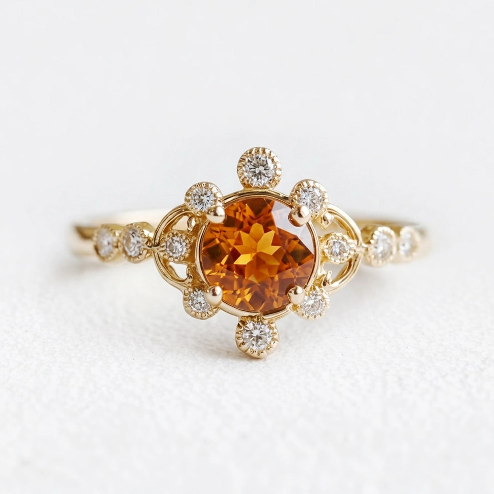 Aurora’s Ember | Round Citrine Vintage Halo Engagement Ring.