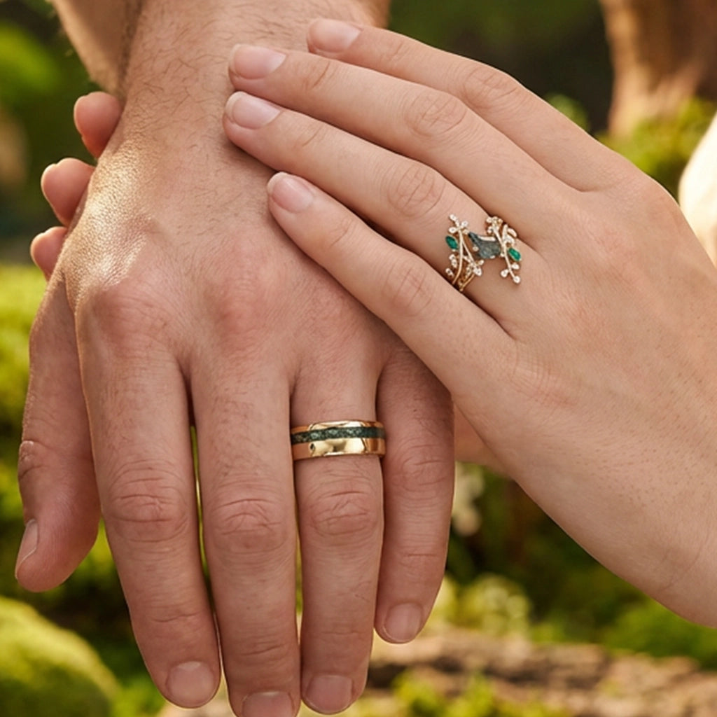 Sylvie’s Bower | Kite Cut Moss Agate Cage Leafy Couple Ring Set 3pcs.