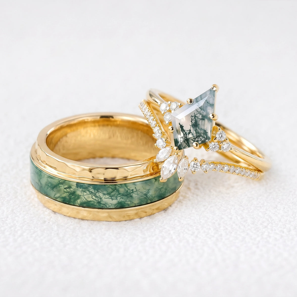 Genevieve’s Harmony | Luxurious Eternal Moss Agate Couple Ring Set 3pcs
