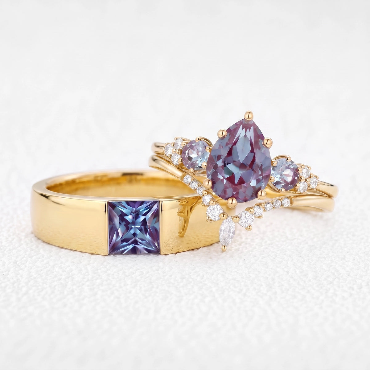 Sylvie’s Mirage | Alexandrite Pear Cluster & Princess Band Couple Set 3pcs