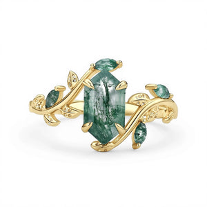 Sylvie’s Herbarium | Vintage Hexagon Moss Agate & Emerald Leafy Engagement Ring.