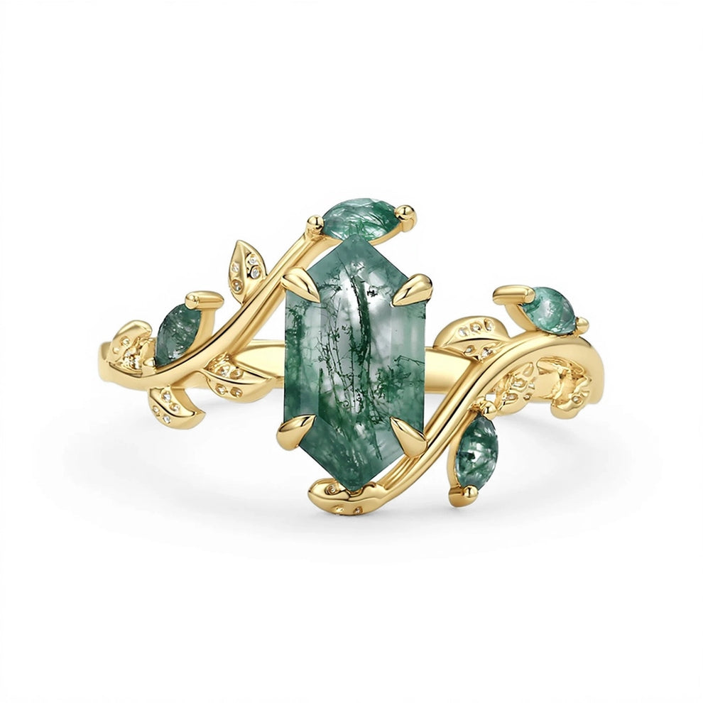 Sylvie’s Herbarium | Vintage Hexagon Moss Agate & Emerald Leafy Engagement Ring.