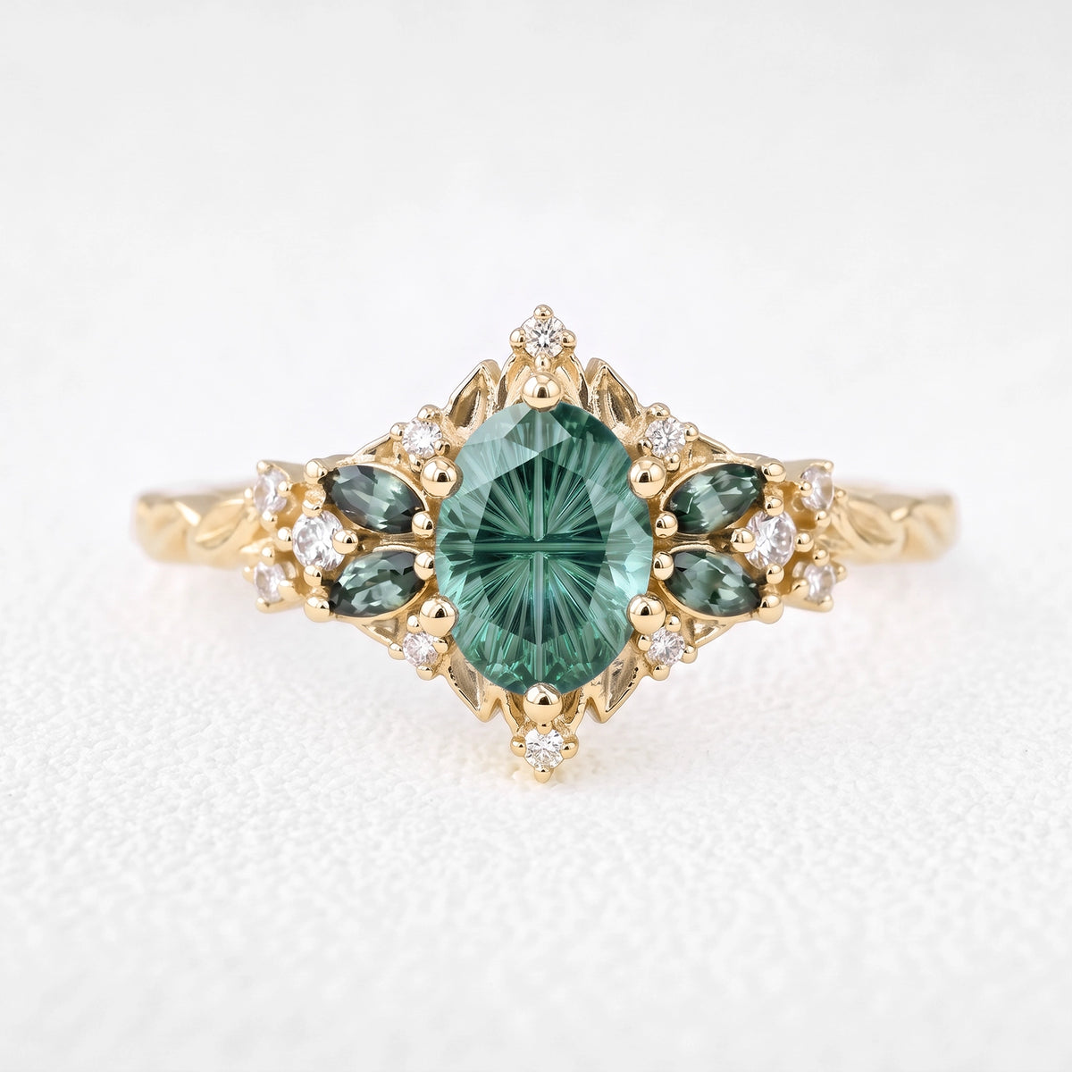 Theodora’s Regalia | Fantasy-Cut Oval Green Sapphire Filigree Engagement Ring