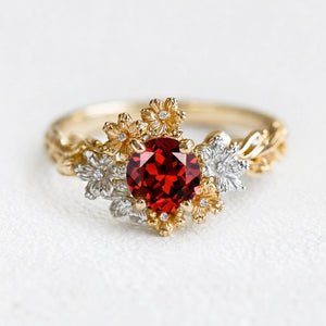 Isadora’s Crimson | Round Garnet Solitaire Petal Engagement Ring