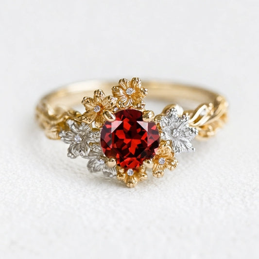 Isadora’s Crimson | Round Garnet Solitaire Petal Engagement Ring