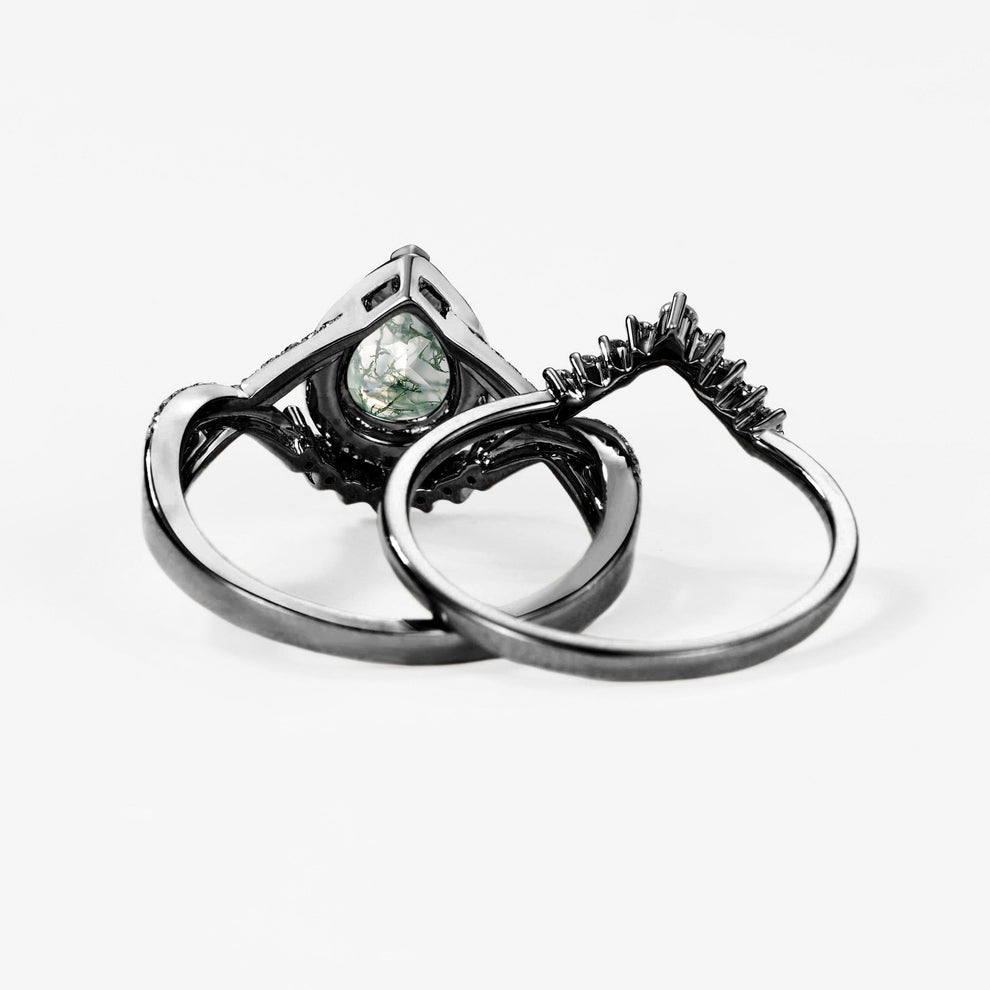 Valentina’s Eclipse | Black Gold Pear Moss Agate Halo Infinity Bridal Set 2pcs.
