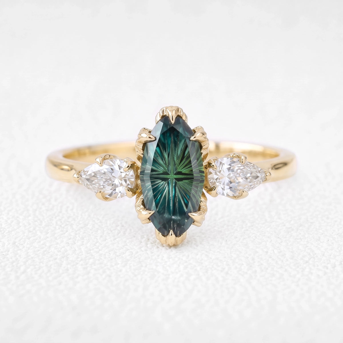 Artemis’s Viridian | Fantasy-Cut Marquise Green Sapphire Three-Stone Engagement Ring
