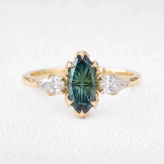Artemis’s Viridian | Fantasy-Cut Marquise Green Sapphire Three-Stone Engagement Ring