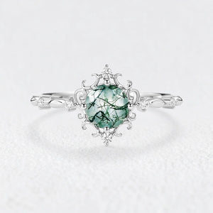 Rosalind’s Verdant | Vintage Round Moss Agate Cluster Engagement Ring