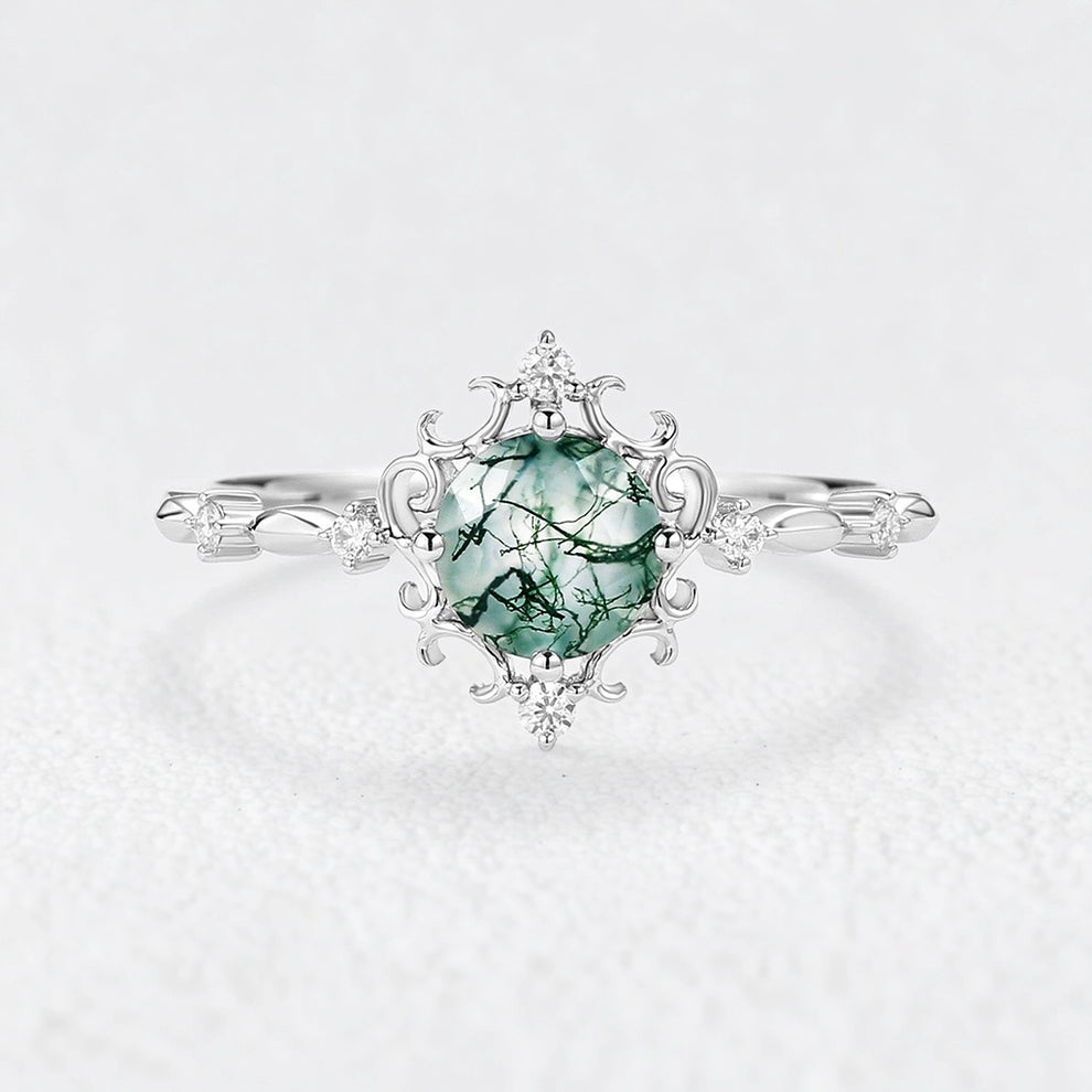 Rosalind’s Verdant | Vintage Round Moss Agate Cluster Engagement Ring