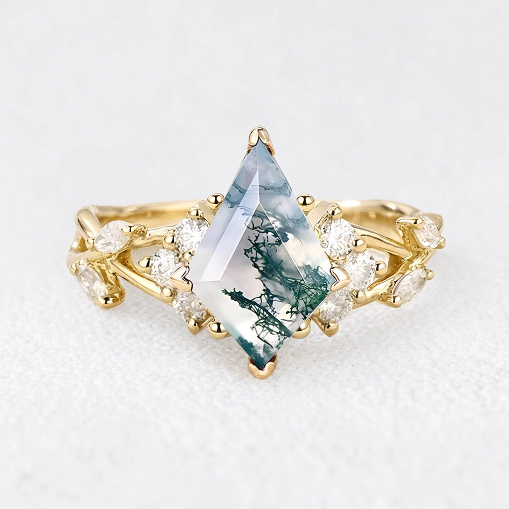 Rosalind’s Wreath | Kite Moss Agate Moissanite Accents Engagement Ring