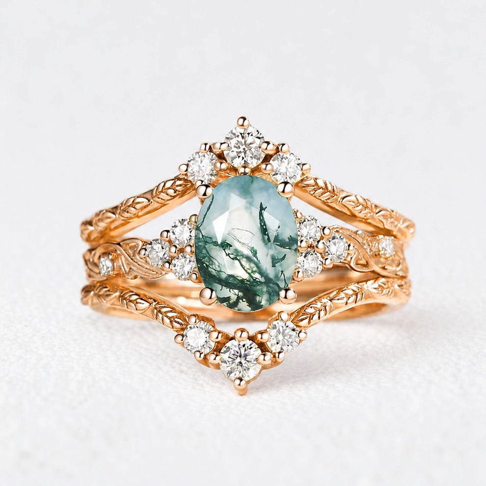 Hazel Blingflare Oval Moss Agate Filigree Ring Bridal Set 2pcs.
