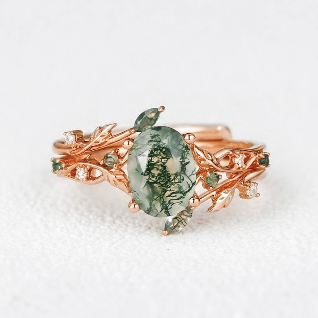 Melisande’s Tracery | Green Moss Agate Leaf Engagement Ring Set 2pcs.