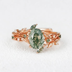 Melisande’s Tracery | Green Moss Agate Leaf Engagement Ring Set 2pcs.