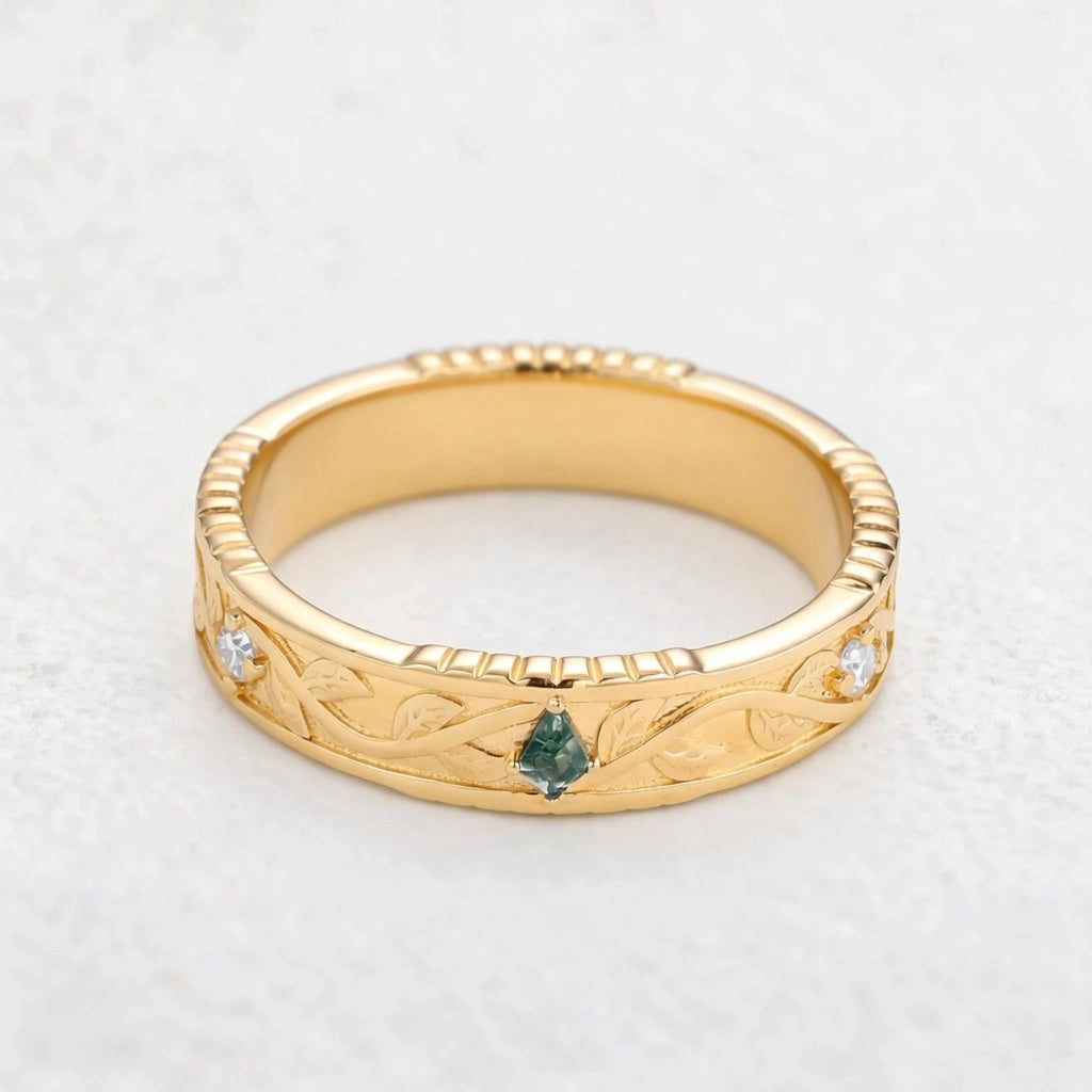 Pomona’s Bosk | Unique Kite Cut Moss Agate Leafy Couple Ring Set 3pcs.
