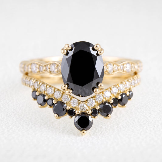 Joséphine’s Diadem | 1.5CT Oval Cut Black Diamond Scalloped Pavé Vintage Bridal Duo