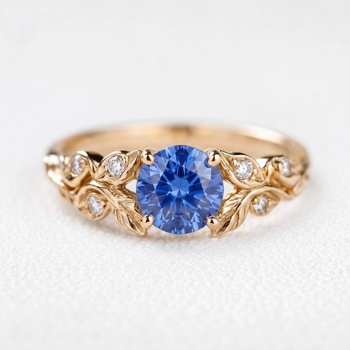 Miranda’s Chaplet | Round-Cut Blue Sapphire Foliage Vintage Engagement Ring