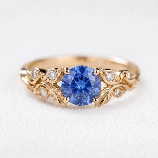 Miranda’s Chaplet | Round-Cut Blue Sapphire Foliage Vintage Engagement Ring