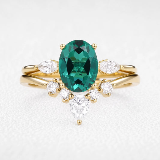Eleanor’s Verdant | 1.5CT Oval Cut Emerald Vintage Bridal Set 2pcs