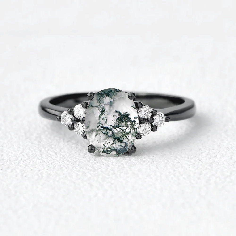 Aurora’s Dew | Oval Moss Agate Classic Cluster Engagement Ring.