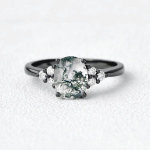 Aurora’s Dew | Oval Moss Agate Classic Cluster Engagement Ring.
