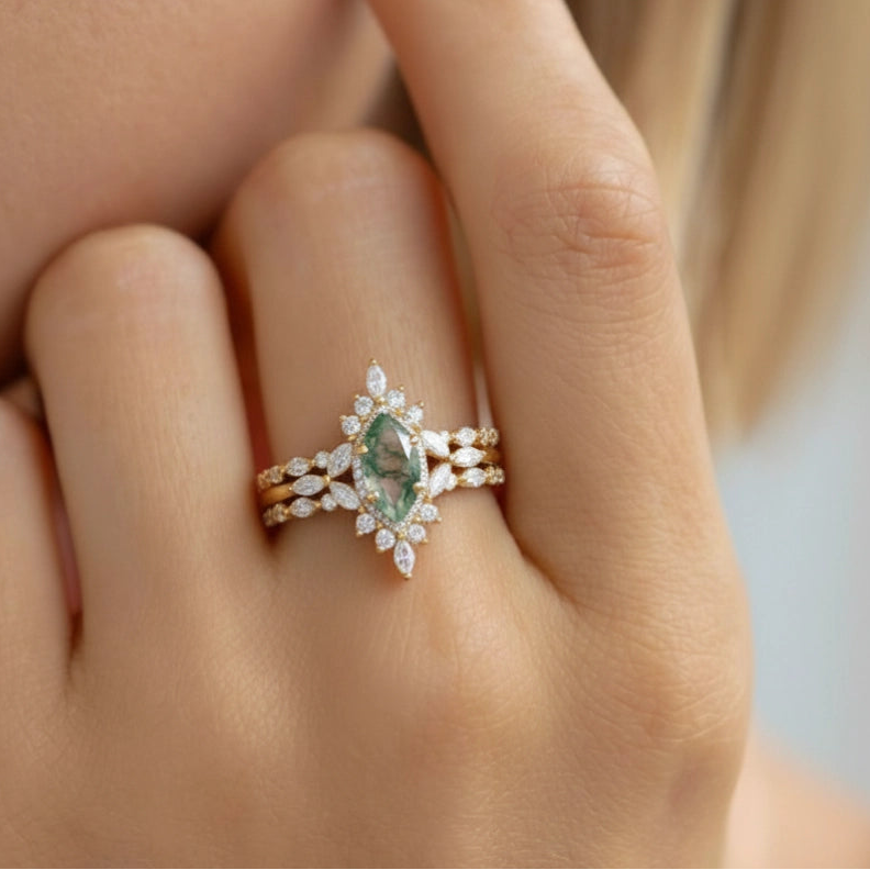 Elara’s Cluster | Marquise Moss Agate Vintage Ring Set 3pcs.