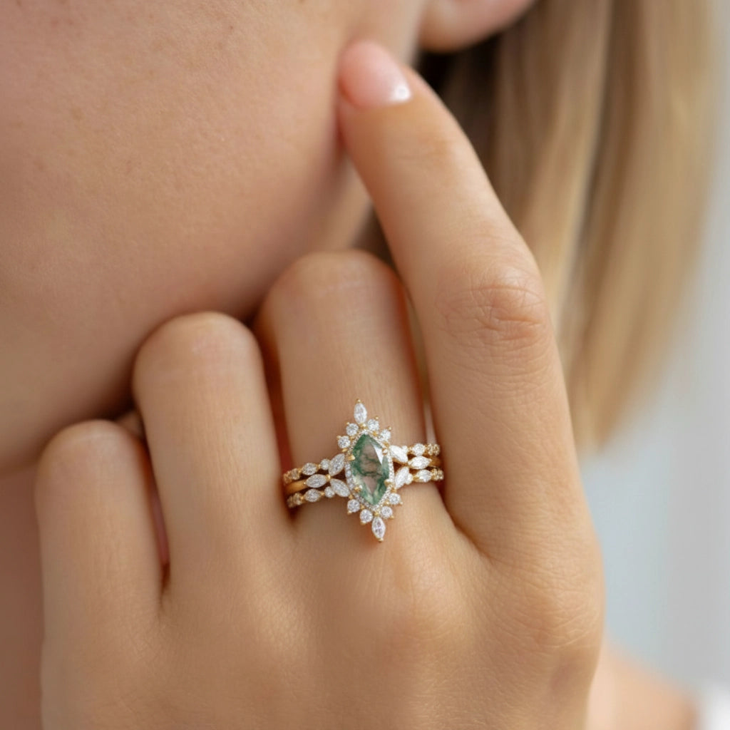 Elara’s Cluster | Marquise Moss Agate Vintage Ring Set 3pcs.