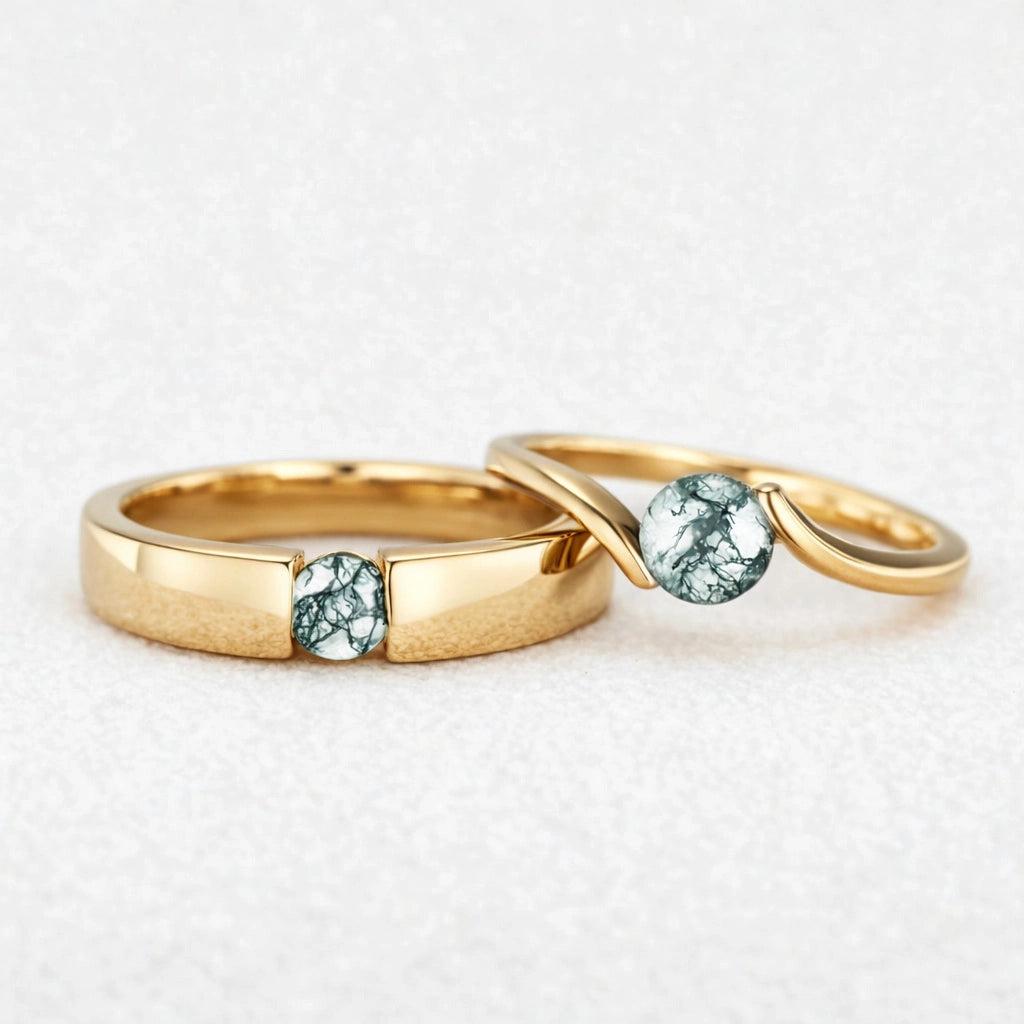 One Stone Duo | Round Moss Agate Couple Ring Set 2pcs.