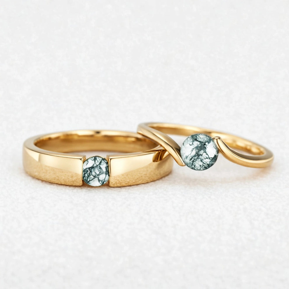 One Stone Duo | Round Moss Agate Couple Ring Set 2pcs.