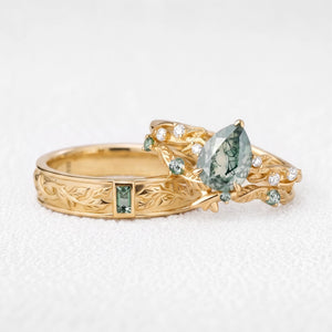 Clarissa’s Constellation | Pear Moss Agate & Green Sapphire Couple Ring Set