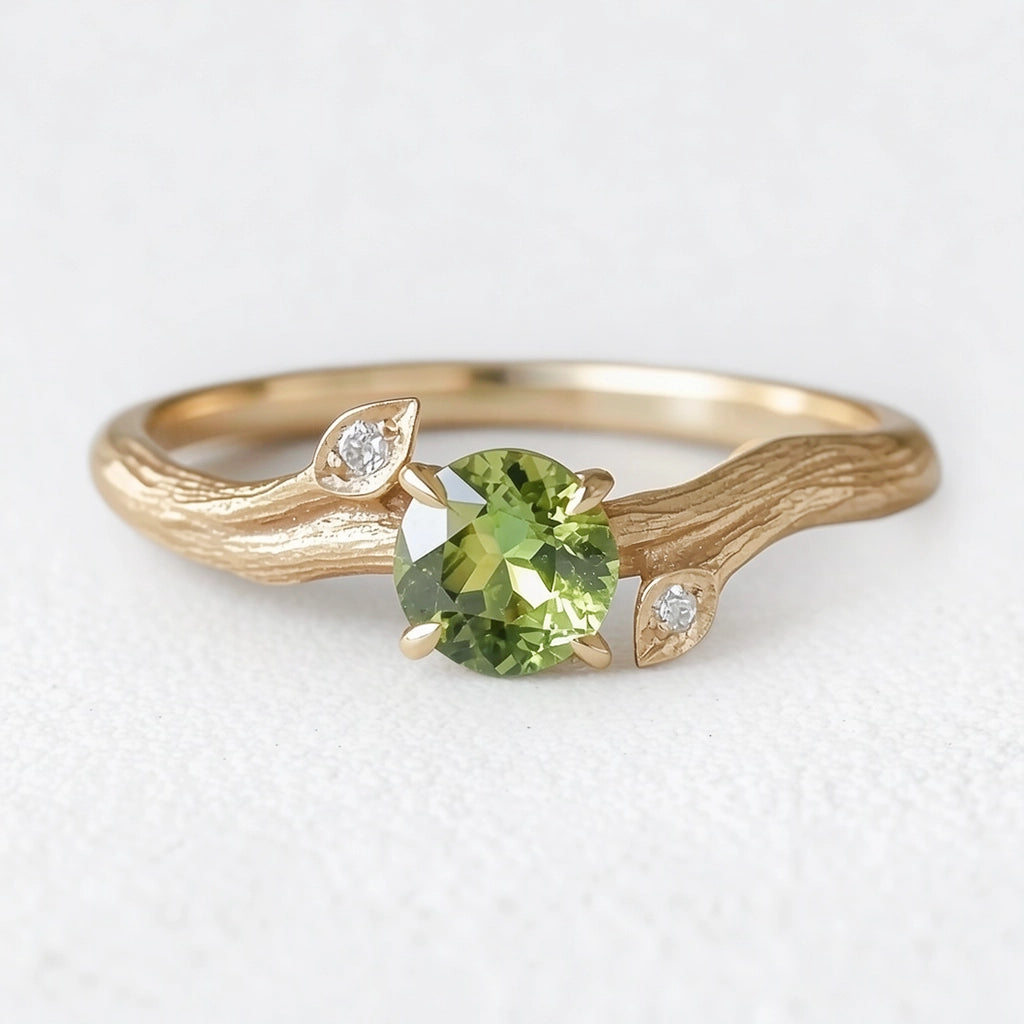Ivy’s Verdant | Round Peridot Vine Engagement Ring.