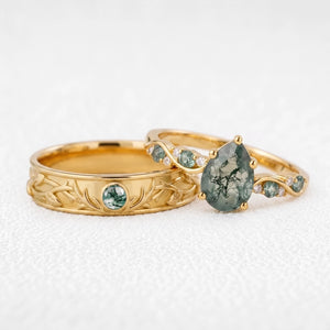 Sylvie’s Antler | Pear Moss Agate & Carved Band Couple Set