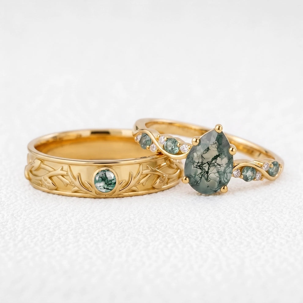 Sylvie’s Antler | Pear Moss Agate & Carved Band Couple Set