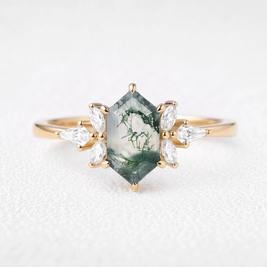 Aurora’s Flight | Hexagon Cut Moss Agate & Moissanite Winged Cluster Engagement Ring