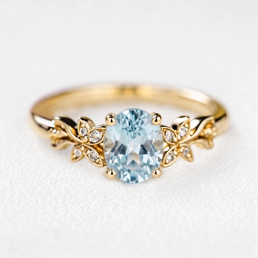 Marina’s Foliage | Oval Blue Aquamarine Botanical Engagement Ring