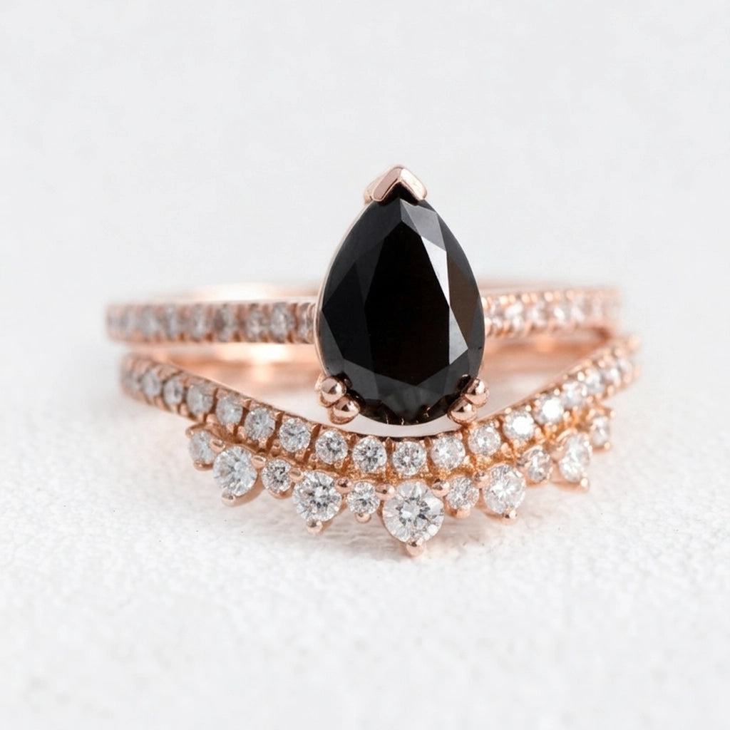 Grace’s Arc | Pear Cut Black Diamond with White Diamond Curved Band Bridal Set 2pcs.