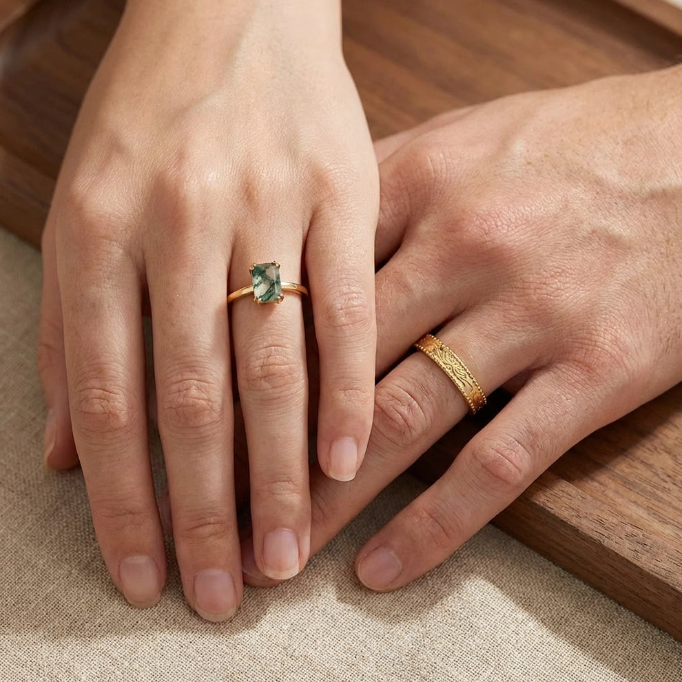Daphne’s Clearing | Emerald Cut Moss Agate Couple Ring Set 2pcs.