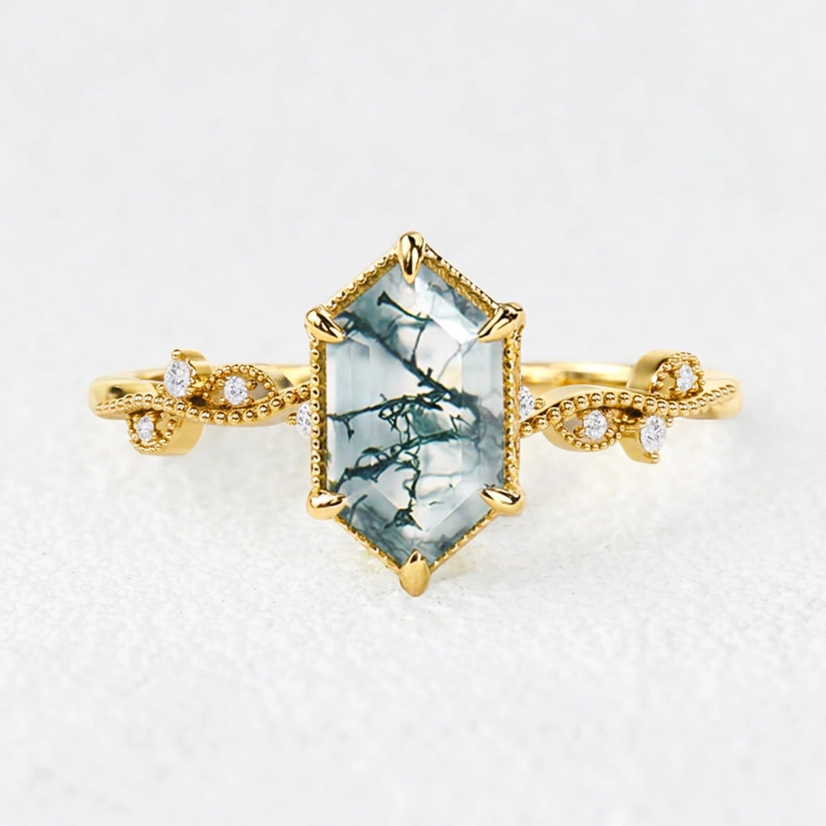 Isadora's Imprint | Hexagon Moss Agate Vintage Solitaire Engagement Ring