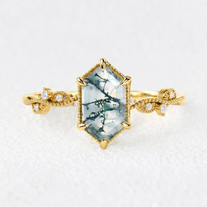 Isadora's Imprint | Hexagon Moss Agate Vintage Solitaire Engagement Ring