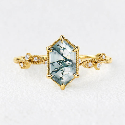 Isadora's Imprint | Hexagon Moss Agate Vintage Solitaire Engagement Ring