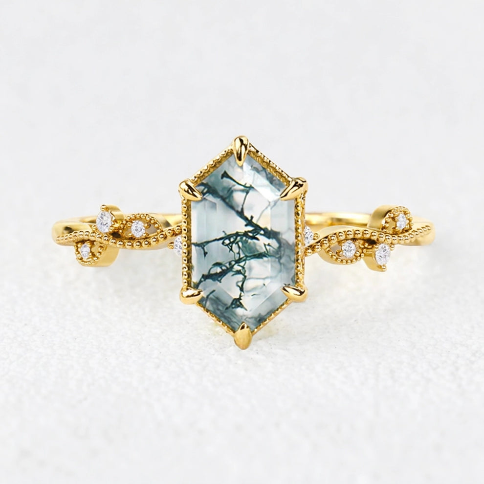 Isadora's Imprint | Hexagon Moss Agate Vintage Solitaire Engagement Ring