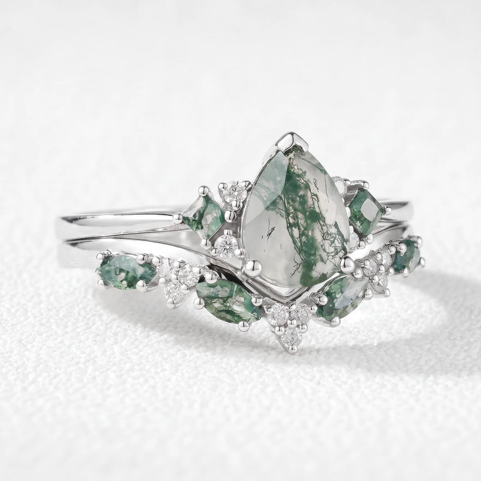 Sylvie’s Vine | Pear Cut Moss Agate Engagement Ring Set 2pcs