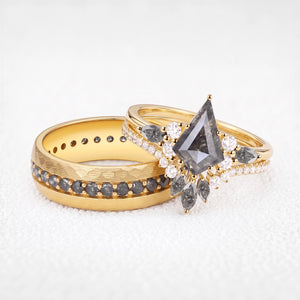 Astra‘s Orbit | 1.5CT Kite Salt & Pepper Diamond Chevron & Circle-set Band Couple Set 3pcs